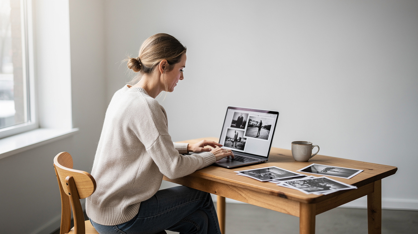 Photographer editing documentary photos on a laptop